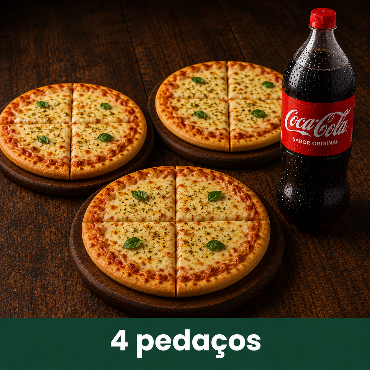 Combo com três pizzas brotinho e Coca-Cola 2 litros