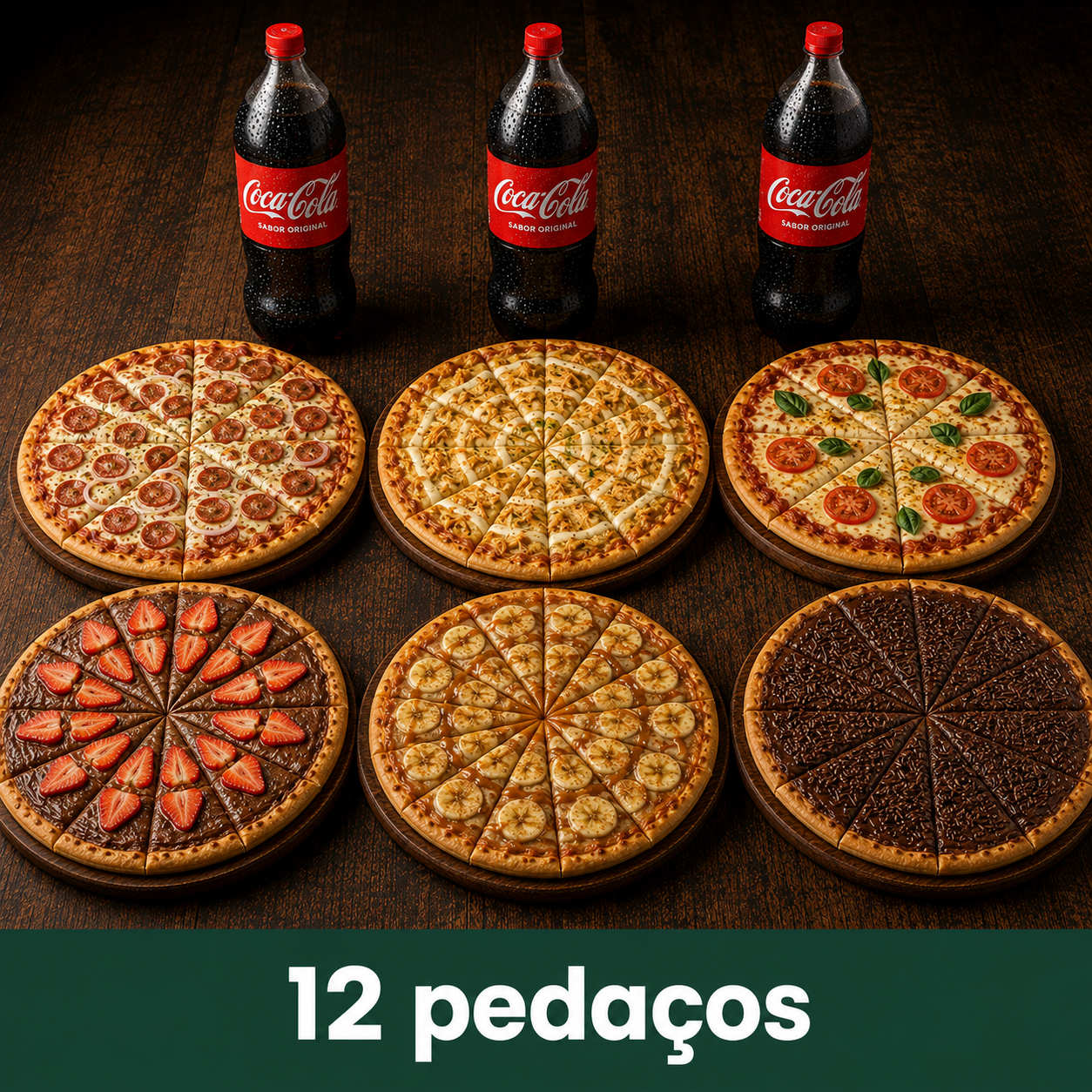 Combo festa com três pizzas grandes, três pizzas grandes doces e três Coca-Cola de 2 litros